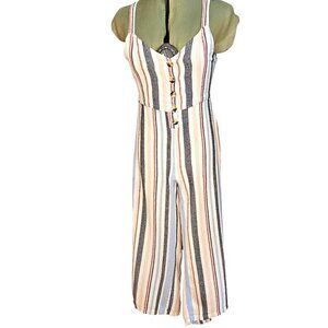 Woman's Indigo Rein boho striped babydoll halter relaxed linen pant romper M